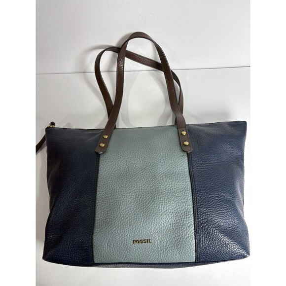 Fossil Jenna Color Block Pebbled Leather Shoulder Bag Tote Navy Blue Brown - Picture 10 of 10